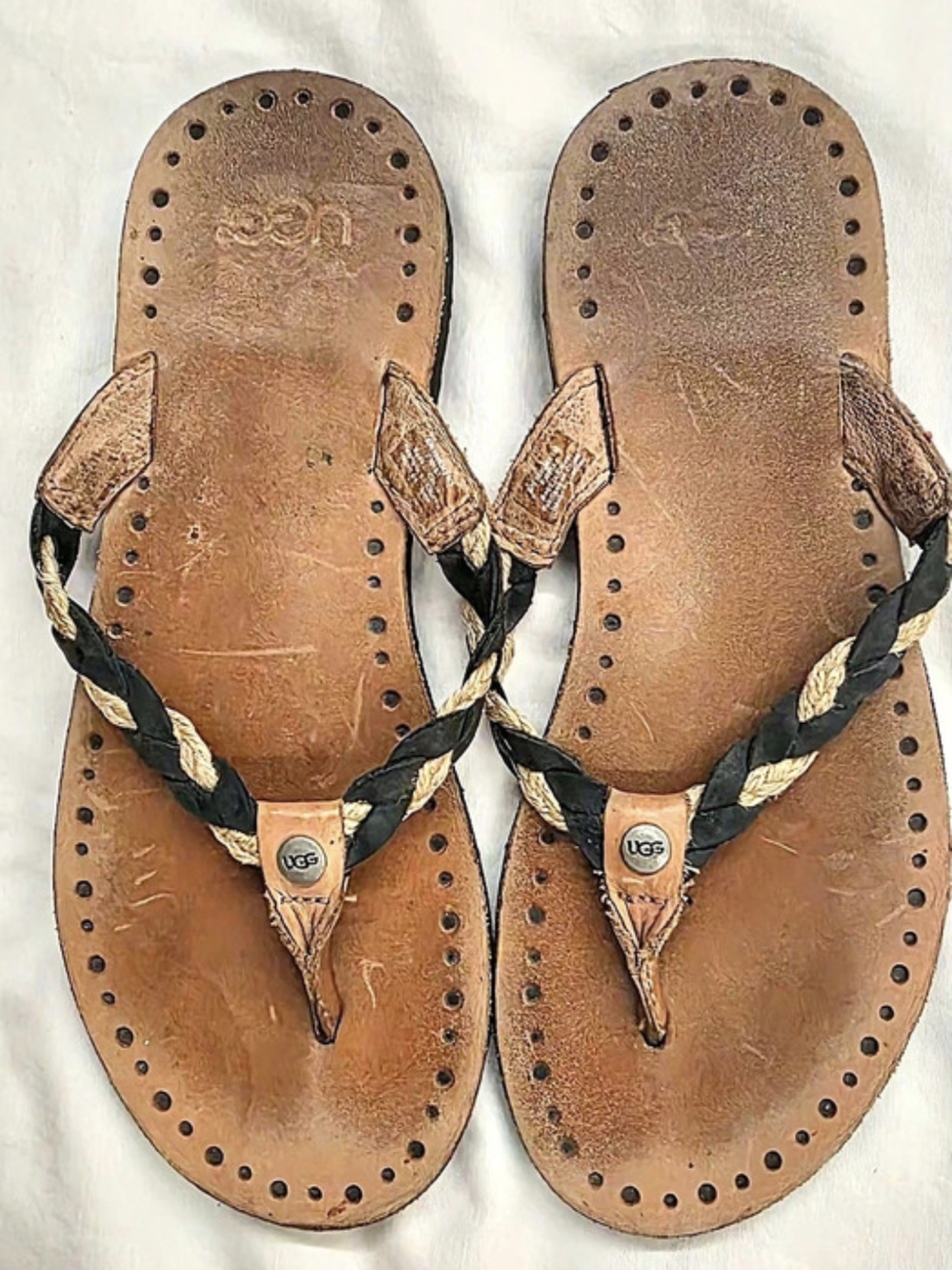 UGG Navie Braided Leather & Jute Flip Flop Sandals Black Tan Size 5